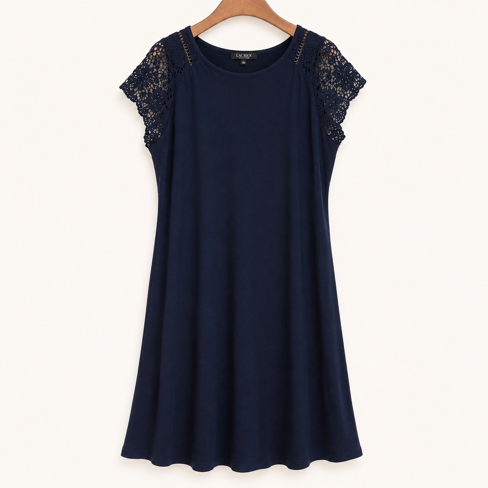 Lauren Ralph Lauren Dress Size 3X Navy Cotton Crochet Sleeve Beach Preppy Summer